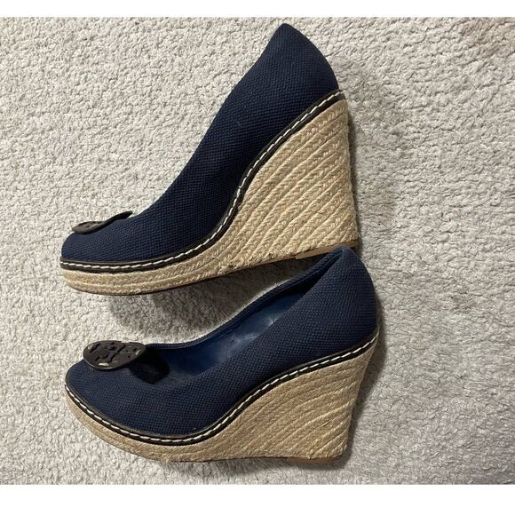 Tory Burch Womens 9.5 M Cerise Canvas Peep Toe Wedge Espadrille Pumps Blue - Picture 5 of 13
